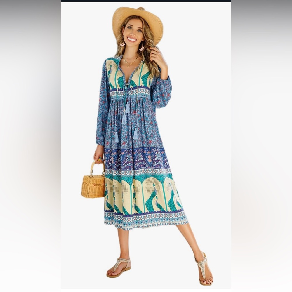NWOT Amazon Blue Long Sleeve V-Neck Sundress Small